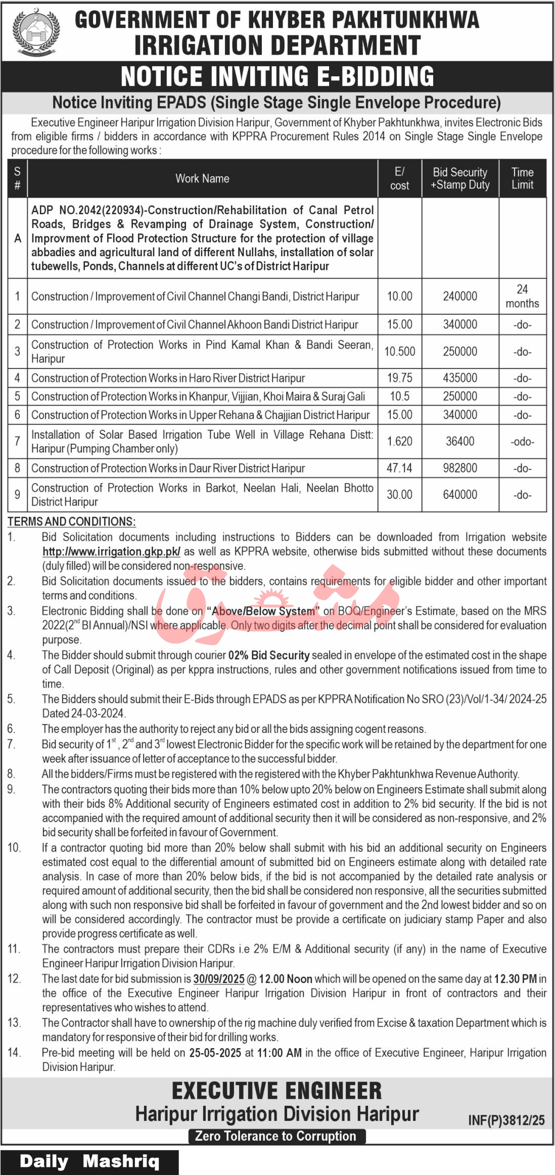 Irrigation Department KPK Tender Notice
